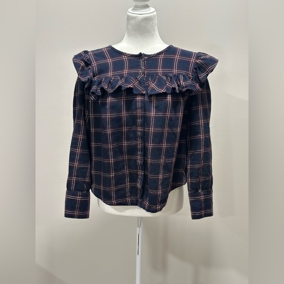 Madewell Tops - Madewell Plaid Blouse Womens Size M Button Front Ruffle Detail Navy Blue